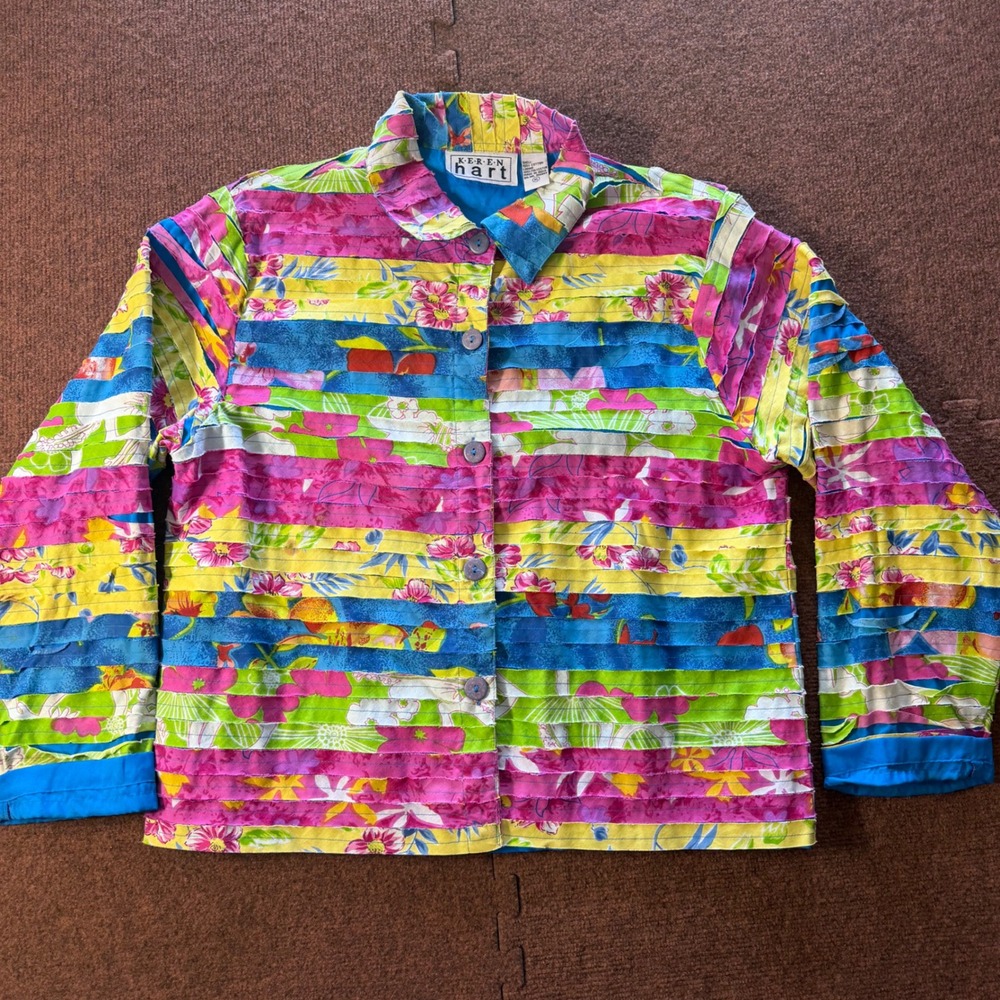 Keren Hart Womens XL Floral Striped Textured Button Jacket‎ Multi Color Cotton